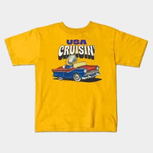 Funny and cute African blue and gold Macaw Bird driving a classic car cruising the USA Kids T-Shirt